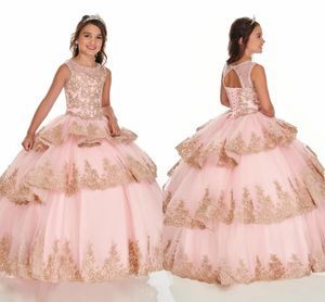 Blush Pink Gold Lace Cupcake Girls Pageant Quinceanera Dresses Mini Party Dress 2022 Beaded Jewel Lace-up Flower Girl Dress Ruffle New