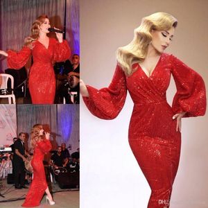 Nowe Czerwone Cekiny Suknie Wieczorowe Sexy V Neck Długie Rękawki Poet Side Split Formalne Suknie Celebrity Prom Dresses Custom Made