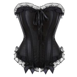 Dam Burlesque Plus Size S-6XL Svart Overbust Korsett Underkläder Topp Body Shaper Sexig snörning Korselett med urbenad plast med volang spetskant