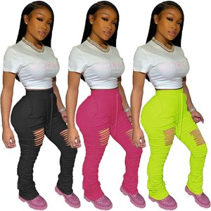 Plus size 3X spring summer Women stack leggings solid color high waist bell bottoms fashion ripped holes pants casual sports pants 2877