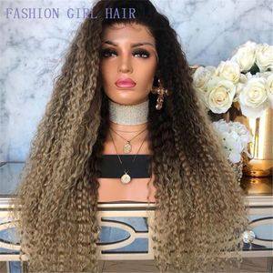 New Kinky Curly simulação peruca de cabelo humano com cabelo do bebê Ombre loira sintéticos Lace Wigs Frente resistente ao calor para Mulheres