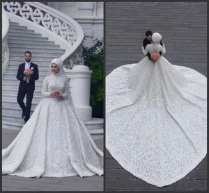 Neue High Neck Langarm Arabisch Hijab Muslim Brautkleider Romantische Applikationen Spitze Weiße Brautkleider Gericht Zug abiti da sposa Custom