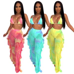 Yaz Kadın İki Parçalı Pantolon Set Ruffled Kravat Boyalı Baskı Kıyafetler Mesh Sheer Lace Up Halter Spor Sutyen Uzun Pantolon Pembe Mavi Sarı