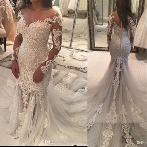 Cheap Sexy Mermaid Wedding Dresses Jewel Neck Lace Appliques Pearls Beaded Illusion Long Sleeves See Through Tulle Plus Size Bridal Gowns