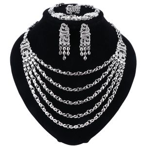 Silver Plated Jewelry Sets For Women African Beads Necklace Earrings Bracelet Rings Party Wedding Bridal Accessories