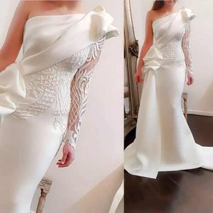 2019 novo árabe dubai bainha vestidos de noite brancos usar um ombro apliques de renda bordado mangas compridas ruched formal vestidos de festa de formatura