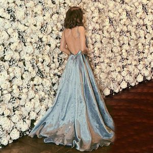 Blue Sexy Pastel Backless Evening Dresses Sweep Train A Line Spaghetti Straps Beaded Crystals Custom Made Prom Party Ball Gown