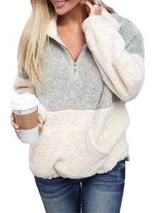 Mulher Sherpa Pullover Hoodies Inverno Quente Outono Fleece Sweatshirt V Neck Zipper Plush Sweater Manga Longa Hoodie Tops Retalhos