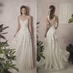 Ucuz Boho Gelinlik Spagetti Askı Kolsuz Aplike Dantel Dantelli Gelinlikler Seksi Backless Sweep Tren Elbiseler De mariée