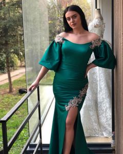 Grön satin lång sjöjungfru prom klänning med ärmar plus storlek afrikanska klänningar för kvinnor formella kvällsklänningar festklänningar