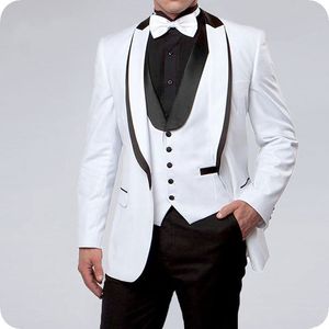 Beyaz Siyah Şal Yaka Custom Made Damat Düğün Düğün Takım Elbise Smokin Blazer Slim Fit Örgün Erkek Ceket Pantolon Yelek İyi Adam Balo parti