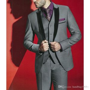 Moda um botão Ternos de casamento Noivo cinzento do smoking pico lapela Groomsmen melhor homem dos homens (jaqueta + calça + Vest + Tie) D: 212