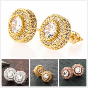 Gold White Gold Rose Gold Bling CZ Cubic Zirconia Round Stud Earrings Hip Hop Iced Out Diamond Earring Studs Rapper Jewelry Gifts for Guys