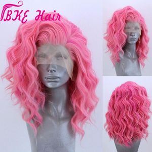 Parrucche frontali in pizzo sintetico frontale a 360 gradi in fibra ad alta temperatura con parte libera rosa a onde corte per donne bianche