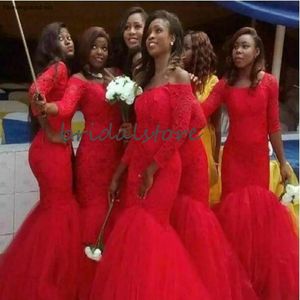 Tanie Kraj Afryki Red Druhna Dresses Tight Fishtail Mermaid Prom Dresses Z Koronką Długie Rękawy Maid of Honor Dress Black Girls 2020