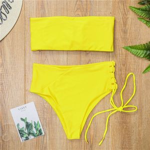 Damskie Stroje Kąpielowe Melprzeer Sexy Bikini 2021 Żółty kostium kąpielowy wysoki talia strój kąpielowy Solid Beachwear Dostosuj dolne kobiety Bandeau