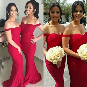 2020 Novo Red Lace Full Lace Dridesmaid Dresses Elegante Off Shoulder Mermaid Plus Size Vestidos de Promotivos Formal Noite Noite Vestidos de convidado 4665