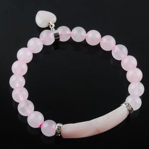 Rose Quartz Natural Gemstone Stretch Bangles 8mm Round Beads Strand Bracelets Love Heart Shape Pendulum Pendant for Women Jewelry DK3341