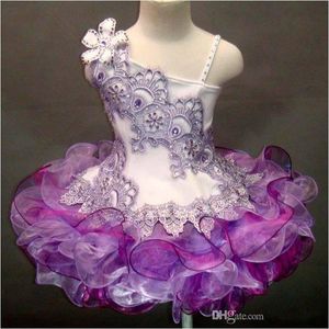 Real Images One Shoulder Lace Beaded Handgjorda Blomma Organza Ball Gown Cupcake Toddler Little Girls Pageant Dresses Flower Girls