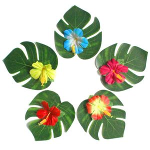 Sf dhl konstgjorda tropiska palmblad och silke hibiskus blommor party dekor montera löv hawaiian luau djungel strand tema parti leveranser