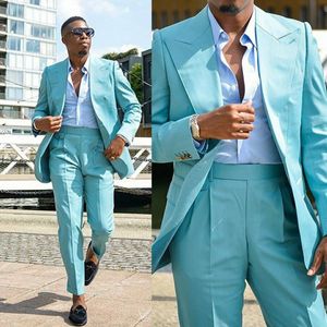 Yakışıklı Damat Tepe Yaka Düğün Smokin Biçimsel Suit Erkekler Gölü Mavi Düğün Sağdıç Parti Balo Sağdıç Blazer (Ceket + Pantolon)