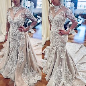 Underbara sjöjungfrubröllopsklänningar med avtagbar kjol Hög krage Lace Appliqued Beach Bridal Gowns Sweep Train Country Wedding Dress 4581