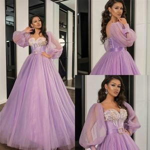 Lekki Purpurowy A-Line Suknie Wieczorowe Ruched Szyfonowe Cekiny Zroszony Sash Elegancka Prom Dress Square Neck Długi Rękaw Sweep Party Suknia