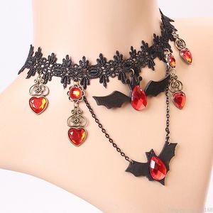 Halloween Gothic Lace Necklaces Crystal Vintage Choker Black Bat heart Pendant Statement Necklace Party Jewelry for Women Girls Collar Gifts