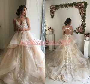 Exquisite Hohl Champagner Plus Size Brautkleider Sexy Riemen Spitze Günstige Arabisch Zug Vestido de novia Benutzerdefinierte Formale Brautkleid Braut