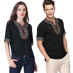 신장 무슬림 레스토랑 Uygur 민족 스타일 짧은 슬리브 티셔츠 유엔 작업복 여름 자수 셔츠 부부 순수면 셔츠