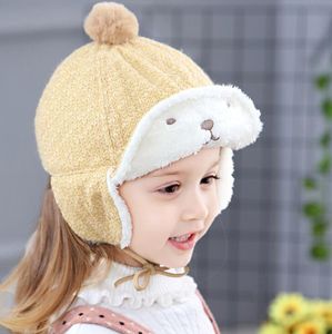 korean style Fur Pom Pom Beanies Baby Cute Warmer fleece beret Caps Crochet Cap Bonnet adjustable earmuffs warm beanie hat