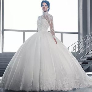 2024 Cheap Vintage Puffy Ball Gown Wedding Dresses Arabic High Neck Illusion Lace Applique Crystal Beaded Sweep Train Formal Bridal Gowns 403