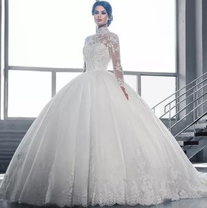 2024 abiti da sposa a palla gonfia vintage a buon mercato abiti da sposa arabo illusione ad alto collo in pizzo applique cristallo in perline di treno da sposa abiti da sposa 403 403