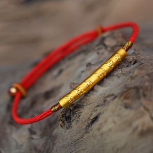 999スターリングシルバーゴールドカラー手作りの薄い赤いひものブレスレットのための6つの言葉刻まれたマントラ祈り仏教ジュエリーJ190703