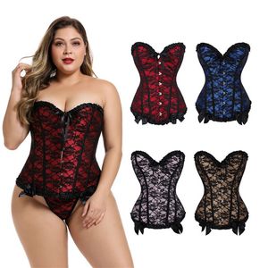 Frill Lacy Corset Top Kvinnors Sexig Plus Storlek S-6XL Burlesque Jacquard Lace Overlay Lace-up Overbust Club Dance Party Corset Bustier