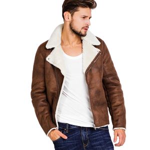 Faux Fur Collar Faux Leather Jacket Men Winter Brown Suede Jacket Fleece Warm Bomber Coats Male Outwear Pocket 3XL Side Zipper