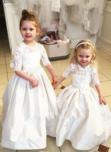 Darmowa Wysyłka Księżniczka Biała Koronki Dziewczyna Suknie Pół Rękaw Kwiat Dziewczyna Dress First Communion Dzieci Prom Dresses