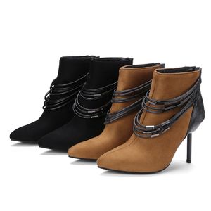 Sıcak Satış-RIBETIRNI Artı Boyutu 32-48 Yeni Sivri Burun Zip Ince Yüksek Topuklu Ayakkabı Kadın Rahat Retro Seksi Kış Bahar Ayak Bileği Çizmeler Siyah