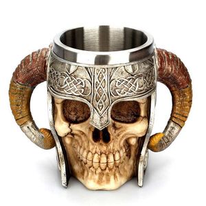 Stainless Steel Skull Mug Viking Ram Horned Pit Lord Warrior Beer Goat Horn Resin Tankard Coffee Mugs Tea Cup Halloween Bar Gift C19041302