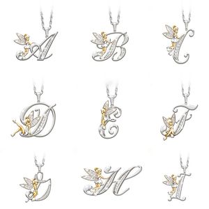 Personalized Initial Letter Necklaces Women 26 Alphabets Gold Angle Charm Pendant Silver Choker Chain for Girls Fashion Rhinestone Jewelry