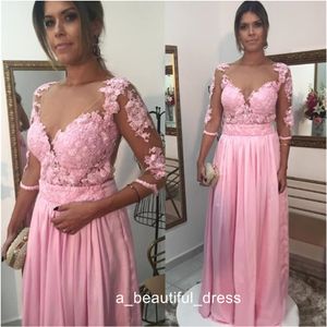 Newest Pink A-line Long Mother of the Bride Dresses 3/4 Sleeve Appliques Chiffon Mother Evening Prom Dresses Gowns Mom Dresses ED1189