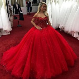 ثوب الكرة منتفخ quinceanera قبالة كتف الخرز البلورات الدانتيال حتى الحلو 16 فساتين برميل