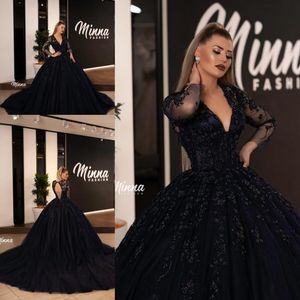 Plus Size Black Ball Gown Quinceanera Dresses Deep V-neck Long Sleeves Beaded Crystals Lace Formal Dress Sweet 16 Dress Evening Gowns