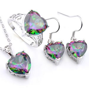 Luckyshine 3 stycken / uppsättning örhängen ringar hängsmycken smycken set hjärta regnbåge topaz 925 silver halsband bröllopsfest charm för kvinna set