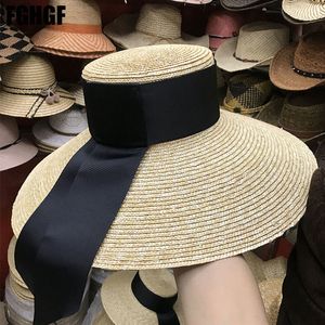 FGHGF Natural Women Sun Hats Black Ribbon 9cm 13cm 15cm Flat Top Large Wide Brim Straw Hats Straw Hat Chapeu Sombrero Beach Hats D19011106