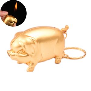 Mini Creative Gas Lighter Inflated Butane Metal Gold Pig Model Cigarette Fire Starter With Keychain Cute Funny Lighters