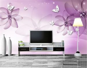 Custom Wallpaper 3D Purple Dreamy Flower White Butterfly Living Room Bedroom Background Wall Decoration Mural Wallpaper