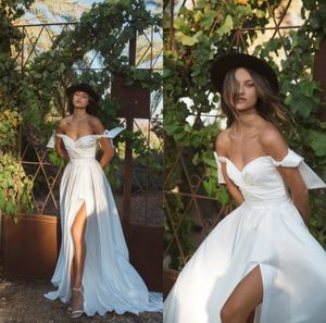 New Arrival Flora Bride Simple A Line Wedding Dresses Off Shoulder Sleeveless Side Split Wedding Gowns Sweep Train robe de mariée