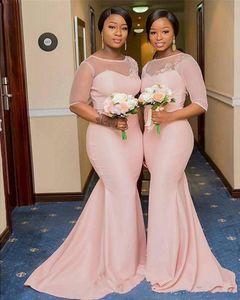 Meat Pink Mermaid Bridesmaid Dresses Long 1/2 Sleeve Sheer Jewel Neck Wedding Party Gowns Sweep Train Lace Appliques Evening Gowns