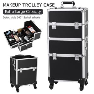 3 in Aluminium Rolling Makeup Treincase Cosmetische Trolley Verwijderbare Wielen Professionele Kunstenaar Trein Case Organizer Box USA van Ship
